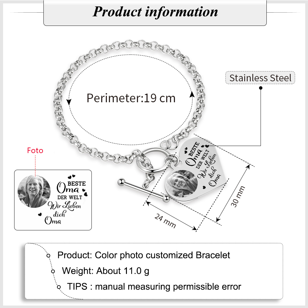 Personalisierte Foto Edelstahl Armband mit Herzanhänger –Best Oma der Welt - Ich liebe dich!