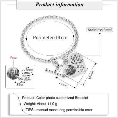 Personalisierte Foto Edelstahl Armband mit Herzanhänger –Best Oma der Welt - Ich liebe dich!