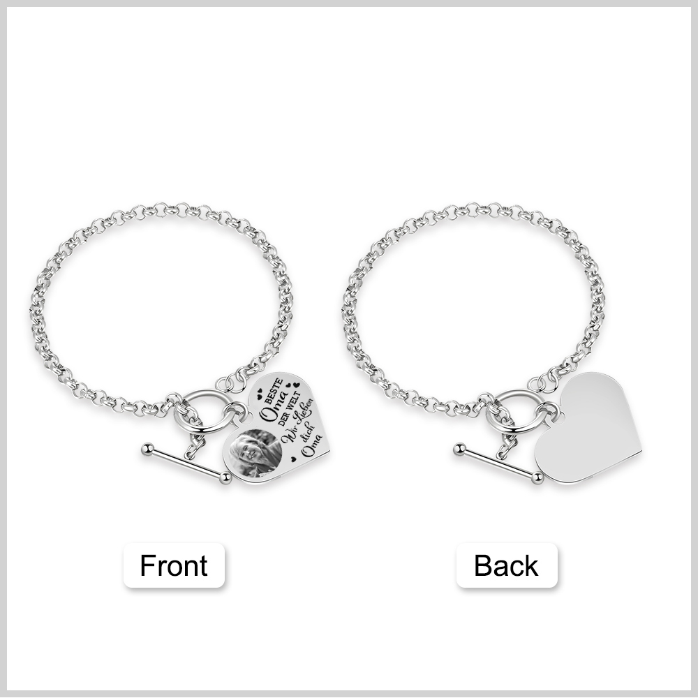 Personalisierte Foto Edelstahl Armband mit Herzanhänger –Best Oma der Welt - Ich liebe dich!