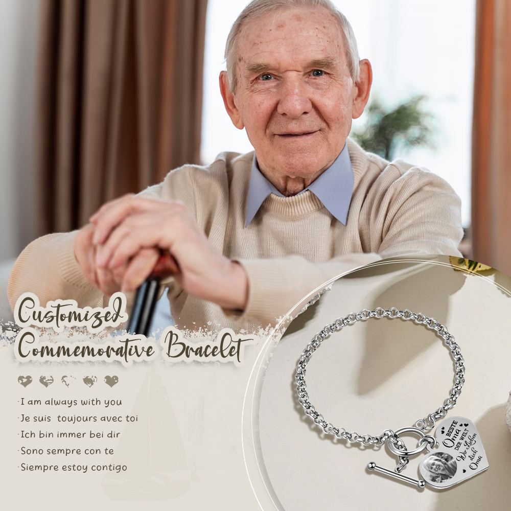 Personalisierte Foto Edelstahl Armband mit Herzanhänger –Best Oma der Welt - Ich liebe dich!