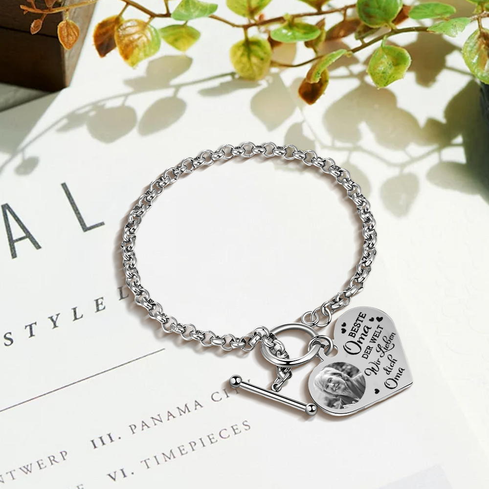 Personalisierte Foto Edelstahl Armband mit Herzanhänger –Best Oma der Welt - Ich liebe dich!