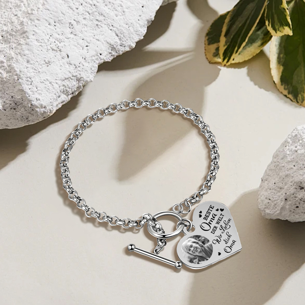 Personalisierte Foto Edelstahl Armband mit Herzanhänger –Best Oma der Welt - Ich liebe dich!