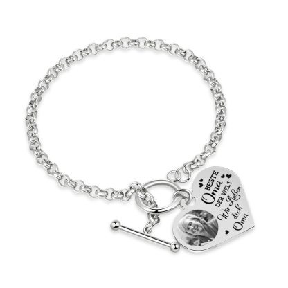 Personalisierte Foto Edelstahl Armband mit Herzanhänger –Best Oma der Welt - Ich liebe dich!