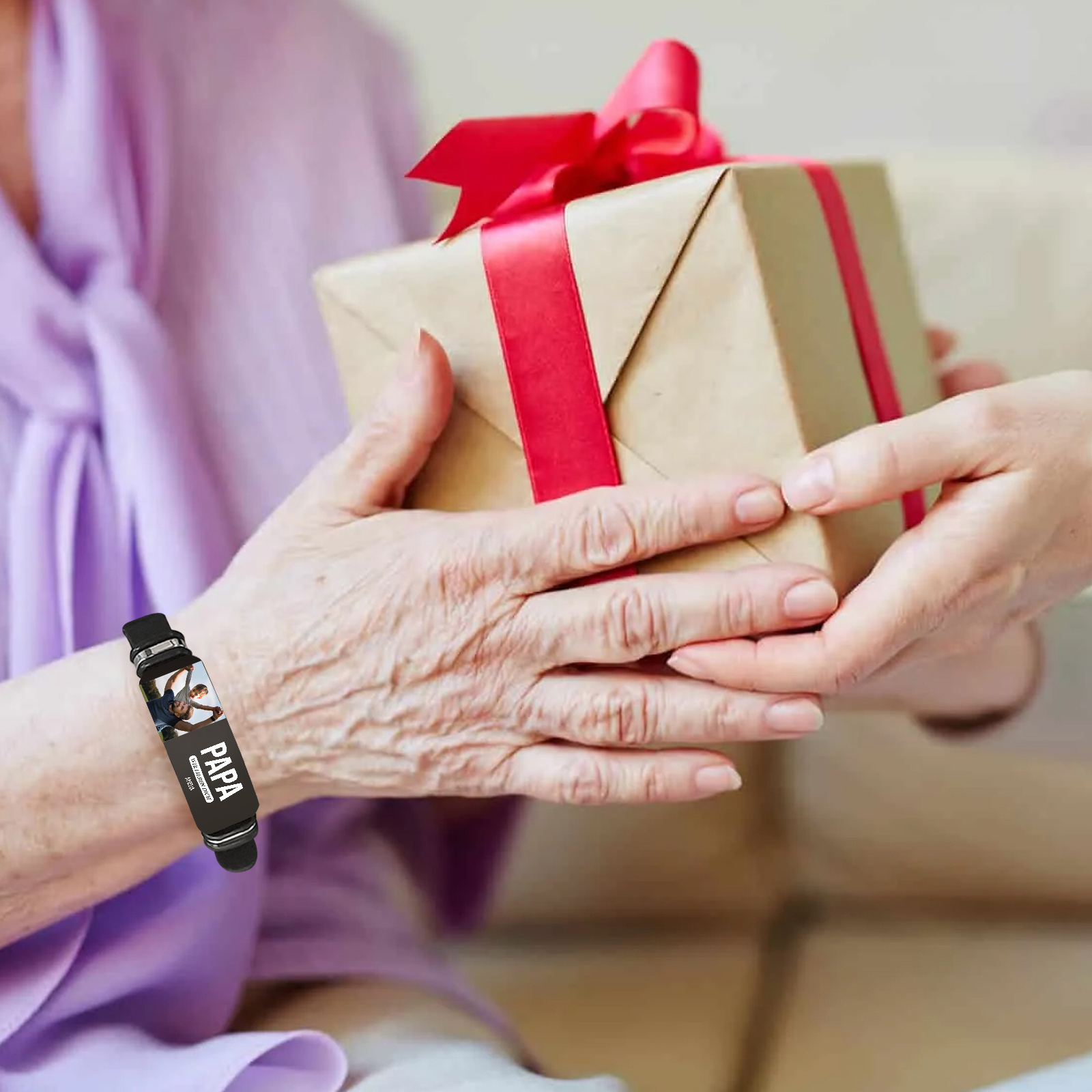 Herren Personalisierter 1 Titel & Text & Foto & Name -Leder Armband für Papa