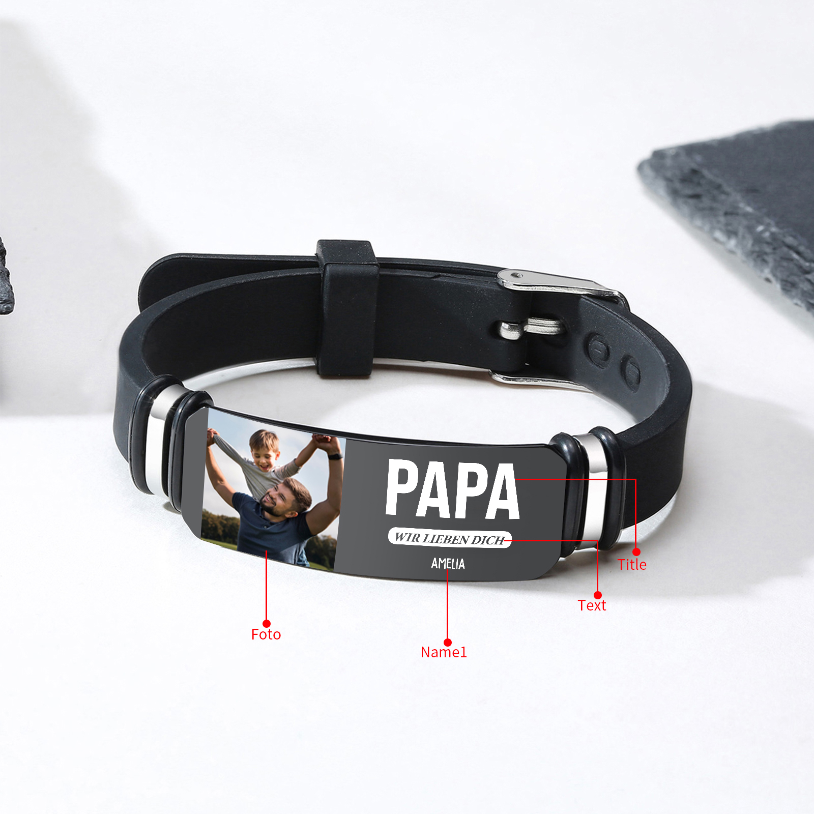 Herren Personalisierter 1 Titel & Text & Foto & Name -Leder Armband für Papa