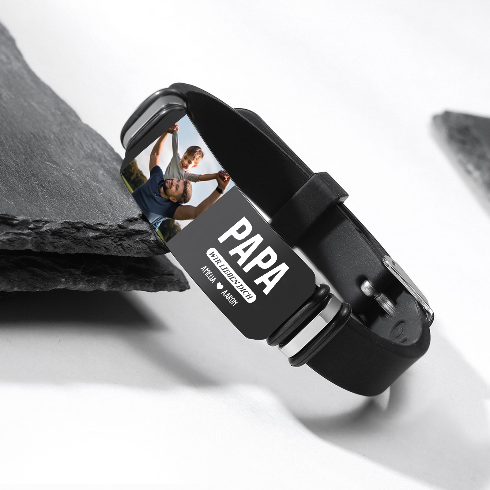 Herren Personalisierter 1 Titel & Text & Foto & 2 Namen -Leder Armband für Papa