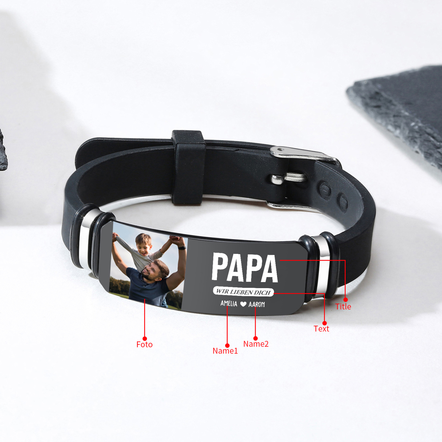 Herren Personalisierter 1 Titel & Text & Foto & 2 Namen -Leder Armband für Papa