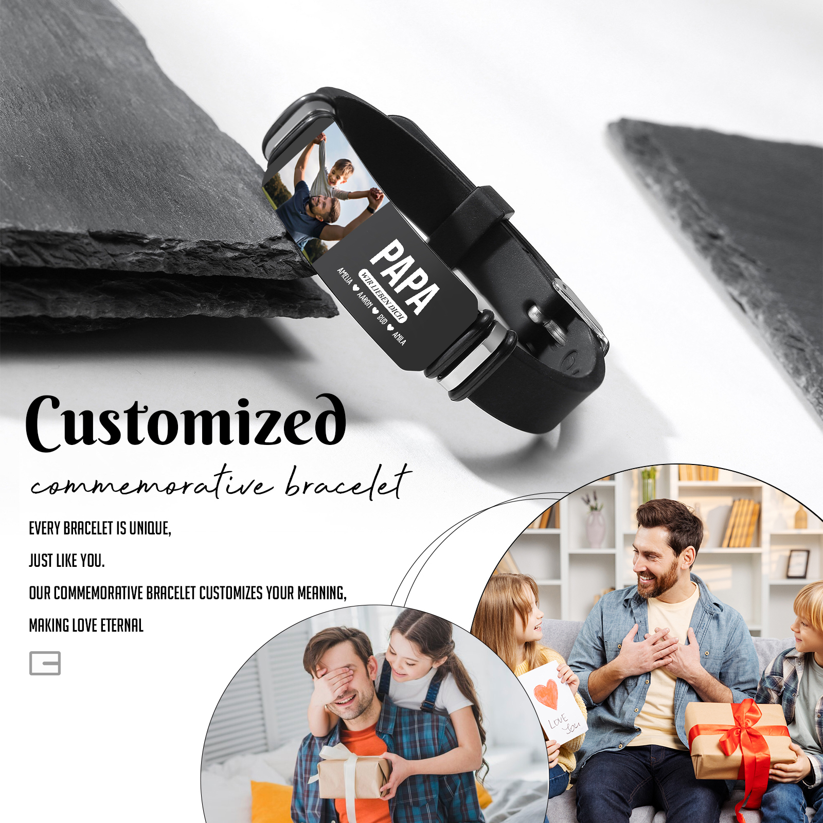 Herren Personalisierter 1 Titel & Text & Foto & 4 Namen -Leder Armband für Papa