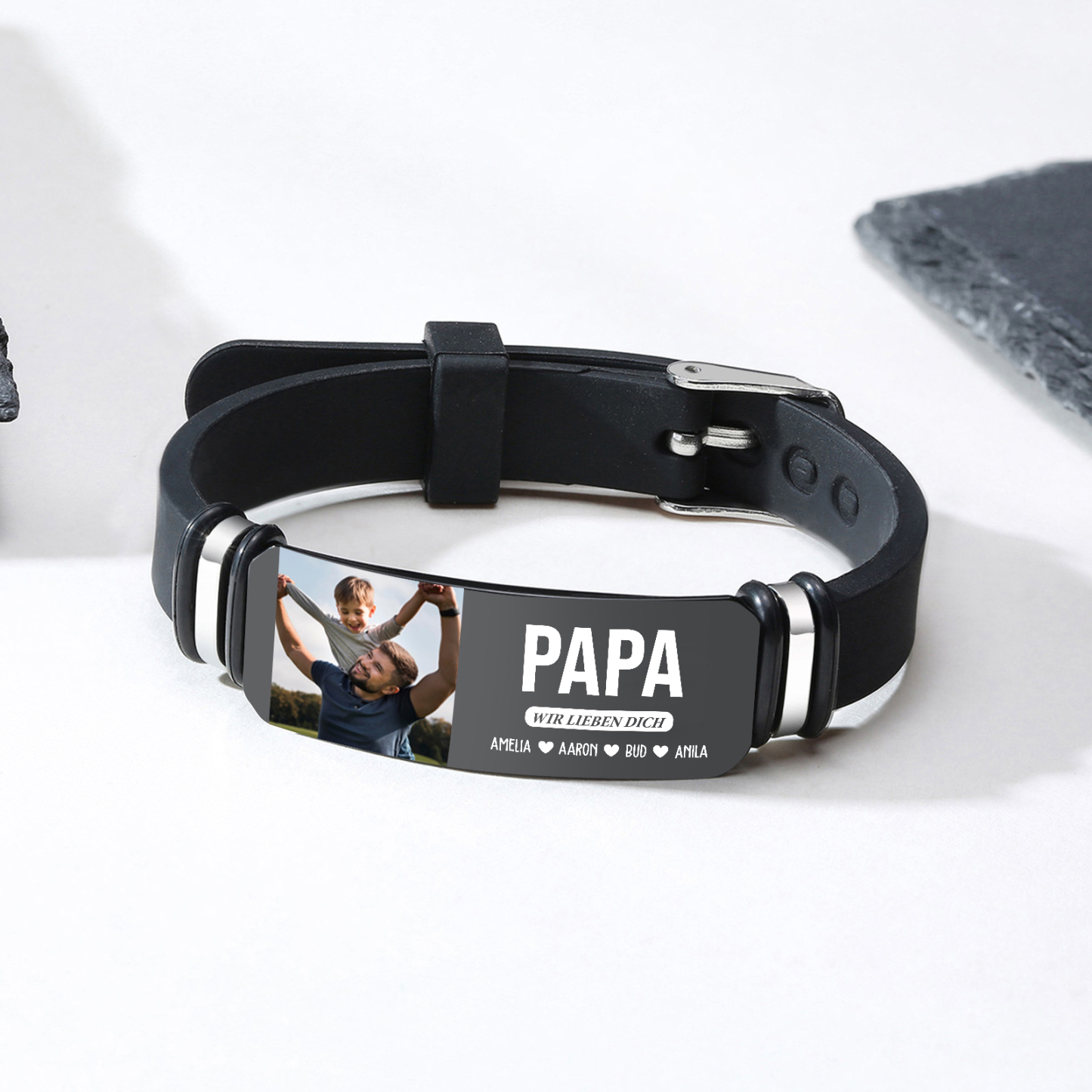 Herren Personalisierter 1 Titel & Text & Foto & 4 Namen -Leder Armband für Papa