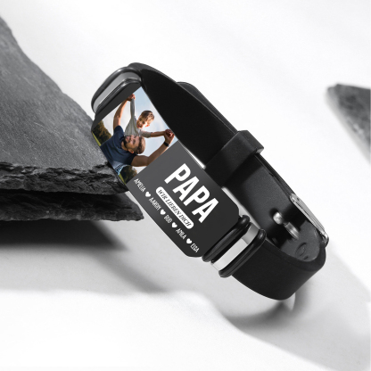 Herren Personalisierter 1 Titel & Text & Foto & 5 Namen -Leder Armband für Papa