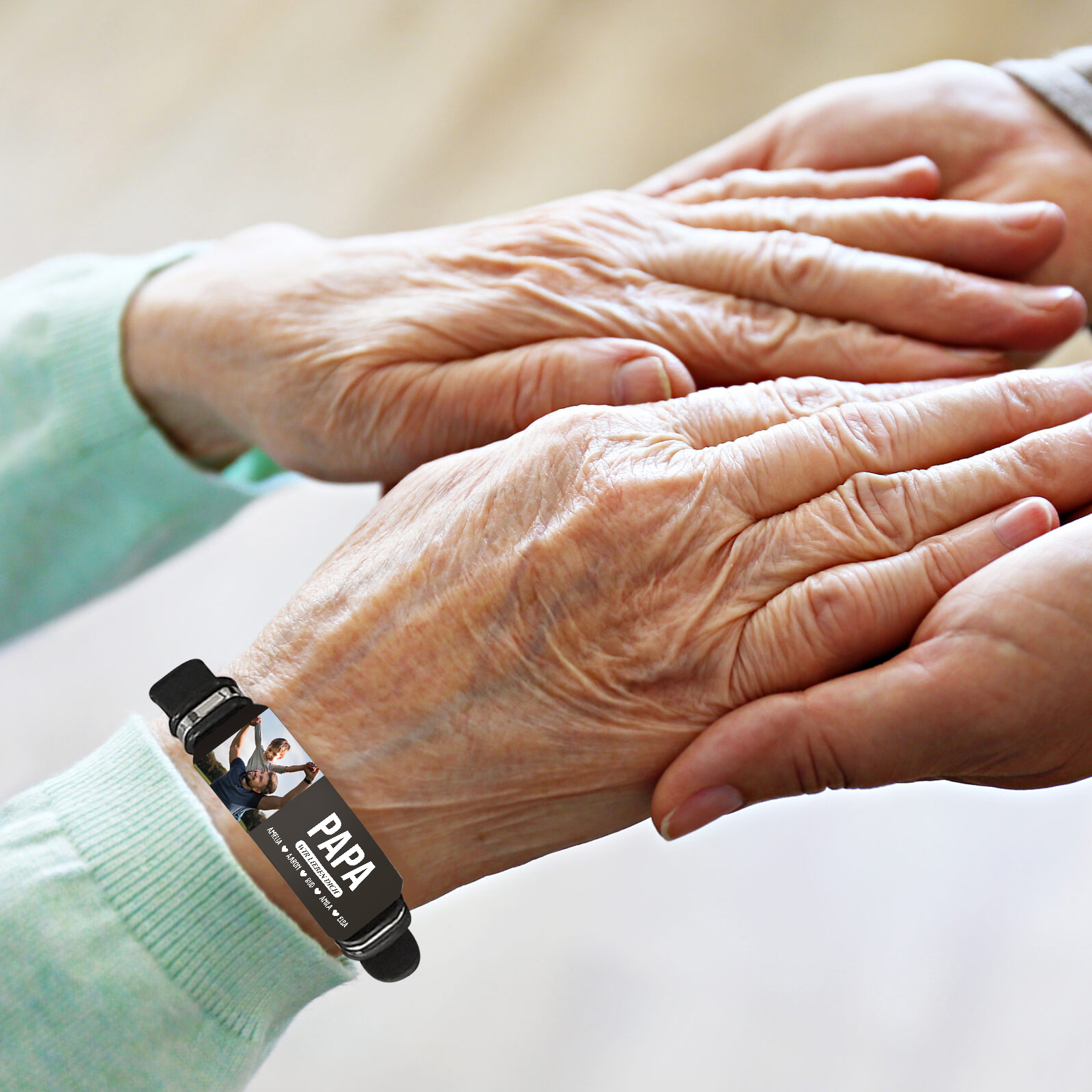 Herren Personalisierter 1 Titel & Text & Foto & 5 Namen -Leder Armband für Papa