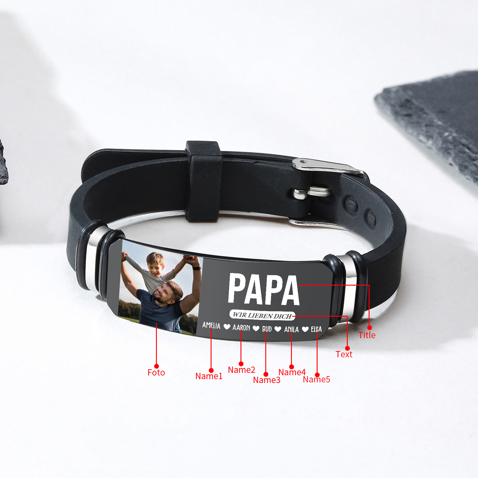 Herren Personalisierter 1 Titel & Text & Foto & 5 Namen -Leder Armband für Papa