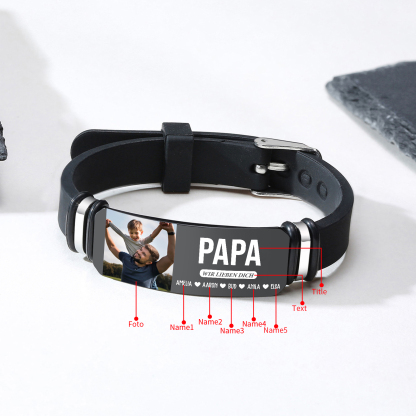 Herren Personalisierter 1 Titel & Text & Foto & 5 Namen -Leder Armband für Papa