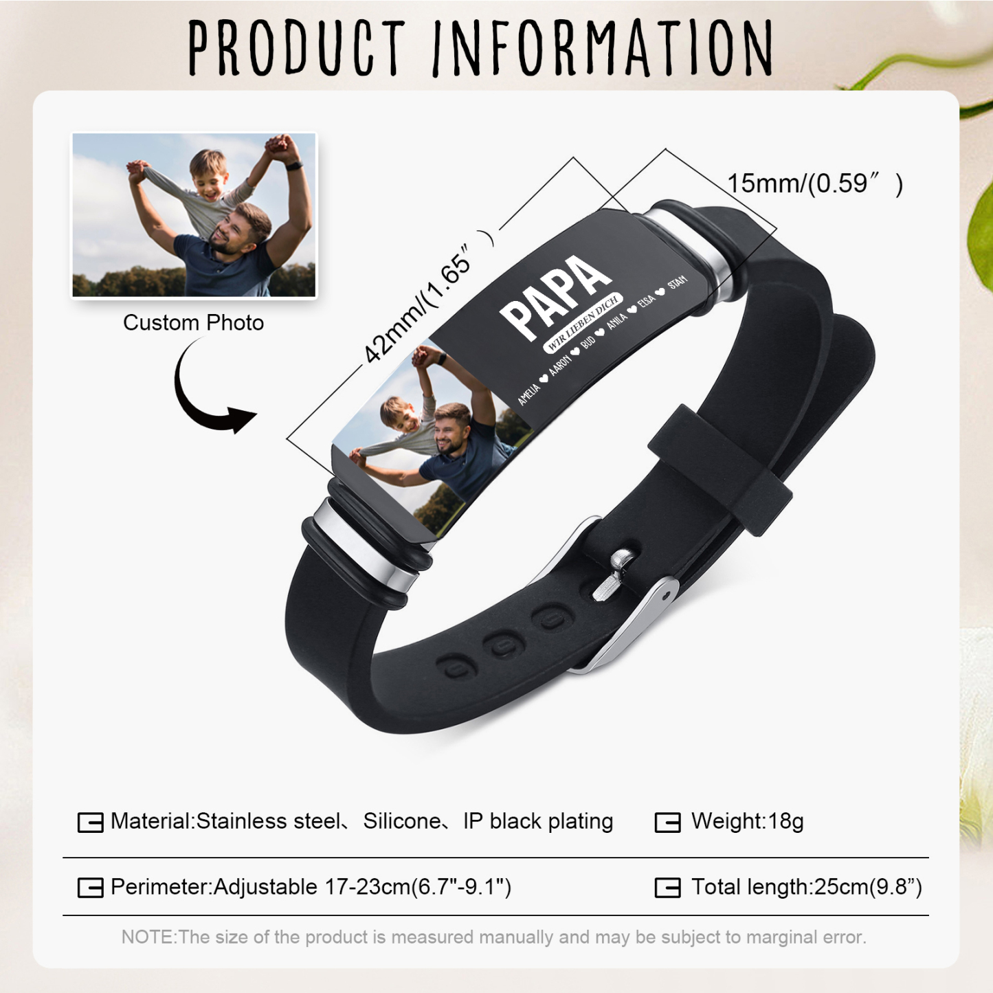 Herren Personalisierter 1 Titel & Text & Foto & 6 Namen -Leder Armband für Papa