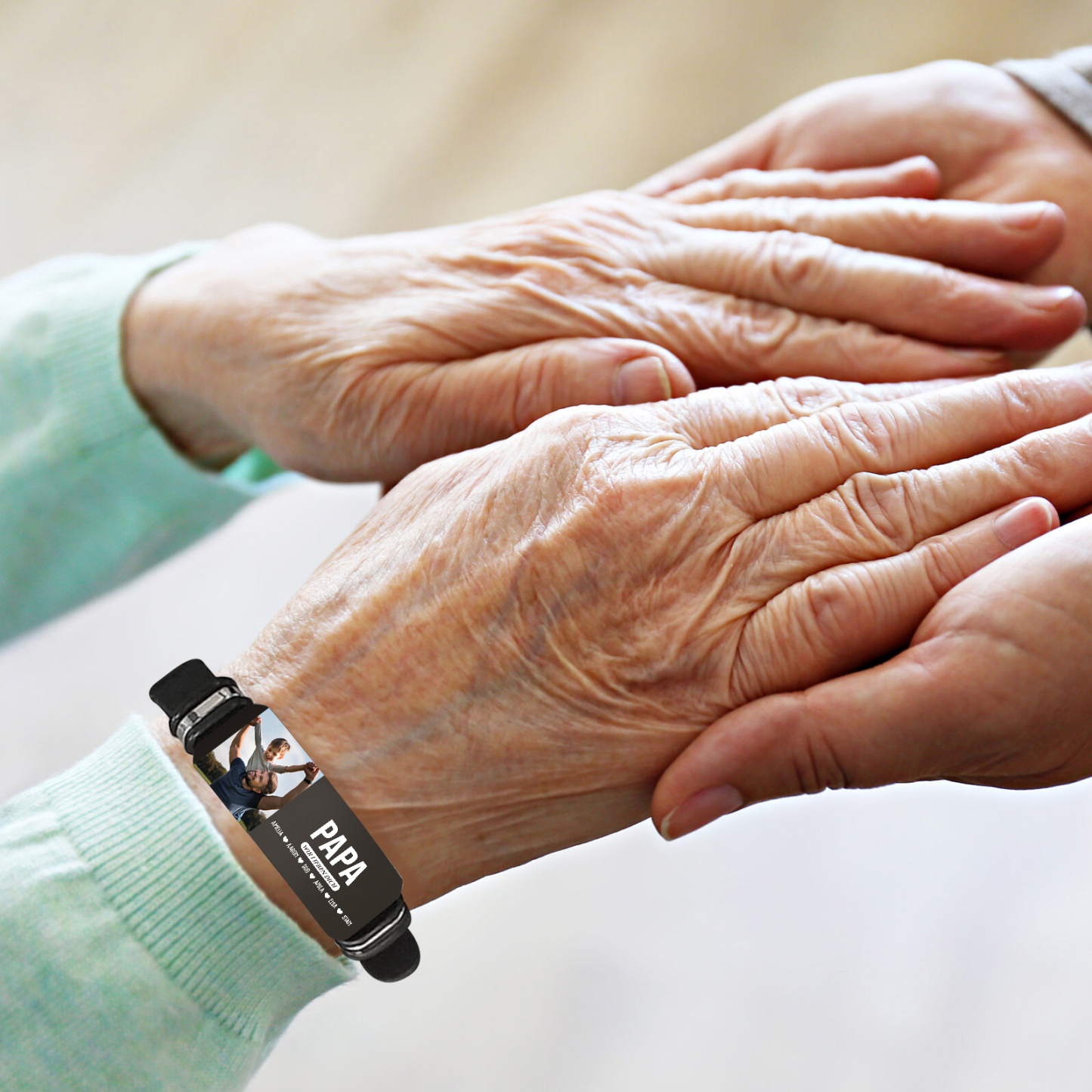 Herren Personalisierter 1 Titel & Text & Foto & 6 Namen -Leder Armband für Papa