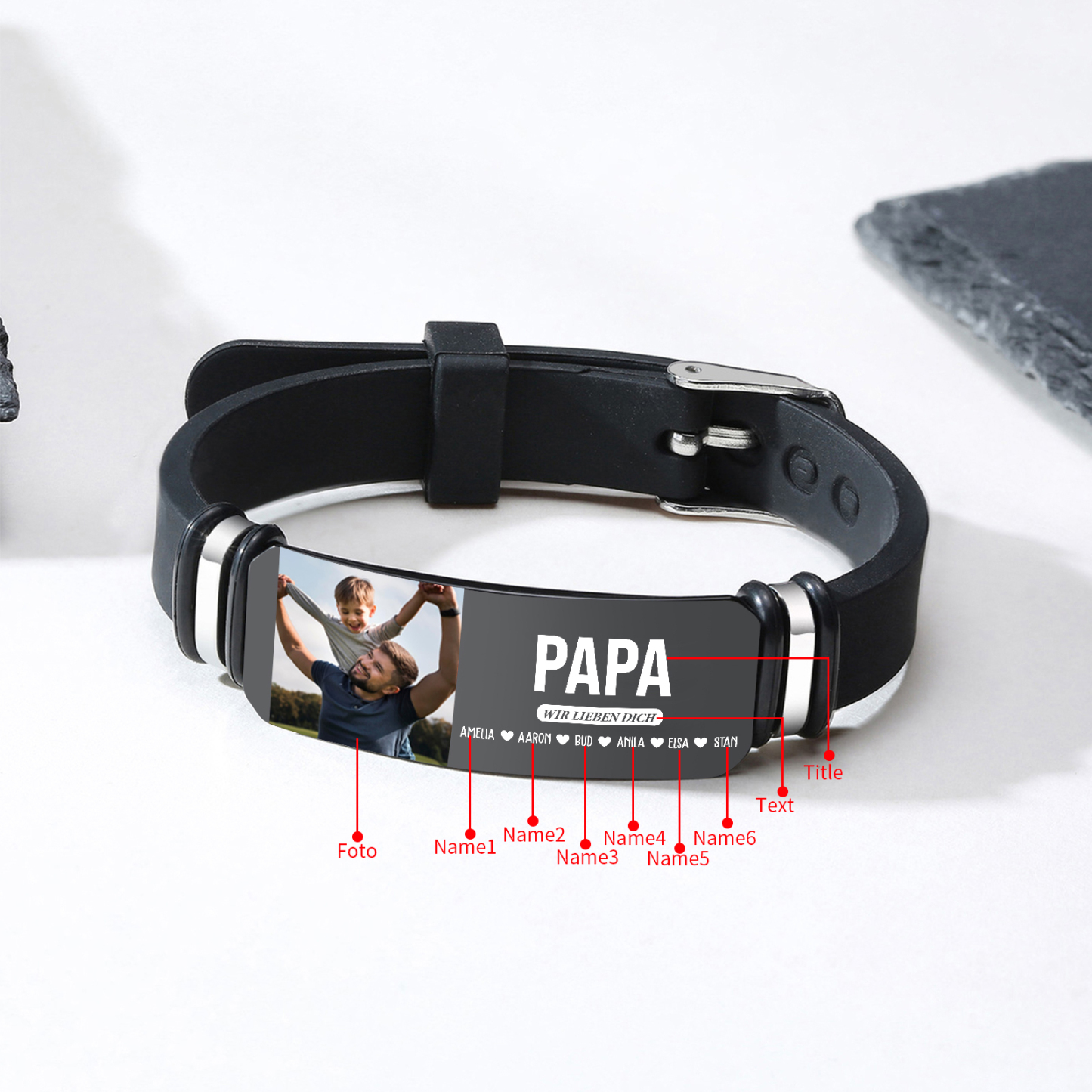 Herren Personalisierter 1 Titel & Text & Foto & 6 Namen -Leder Armband für Papa
