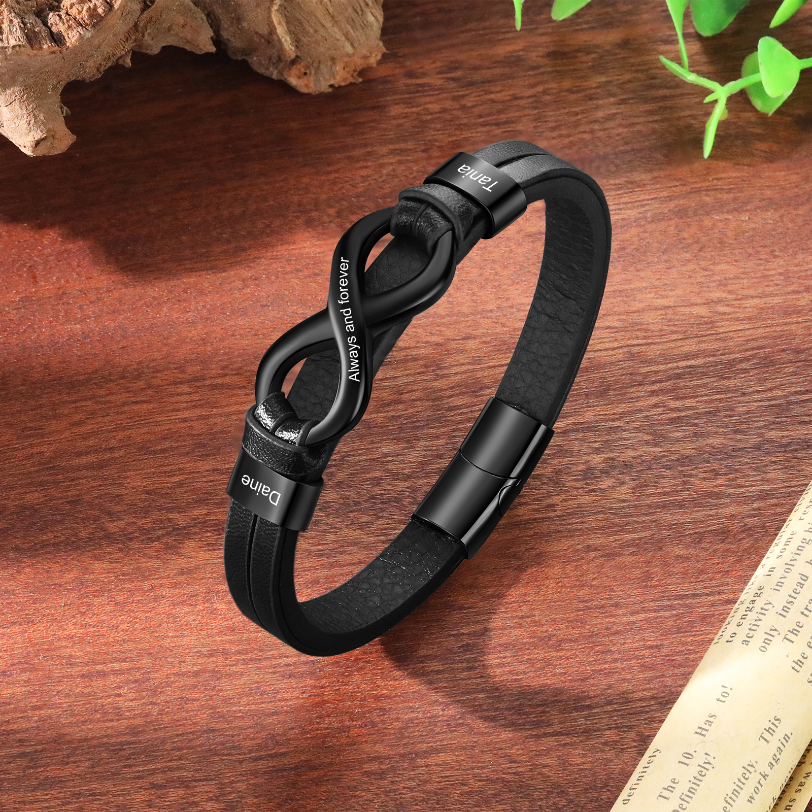 An meinen Sohn Infinity-Herrenarmband mit 2 Namensgravuren Schwarz Leder & Edelstahl