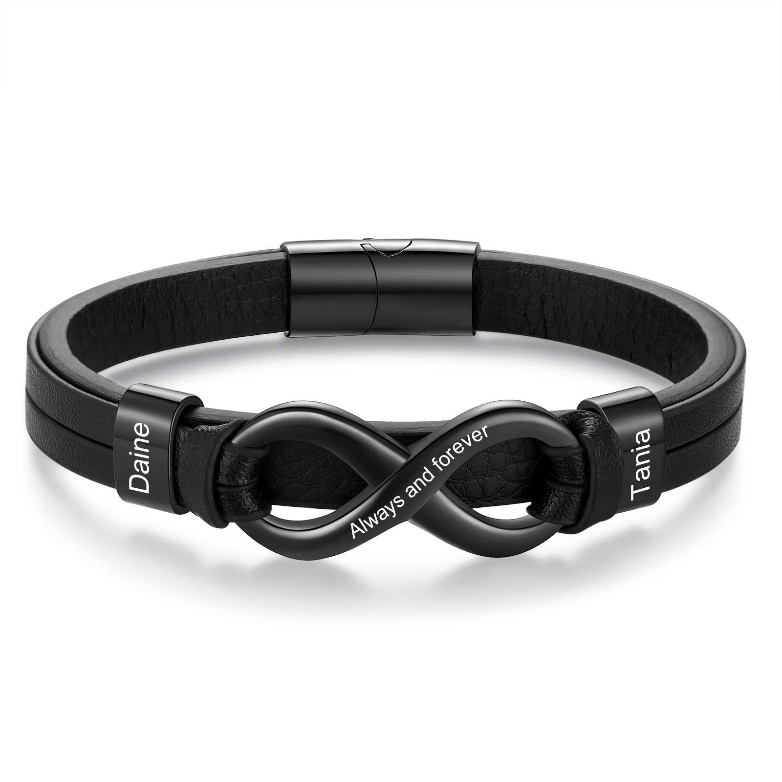 An meinen Sohn Infinity-Herrenarmband mit 2 Namensgravuren Schwarz Leder & Edelstahl