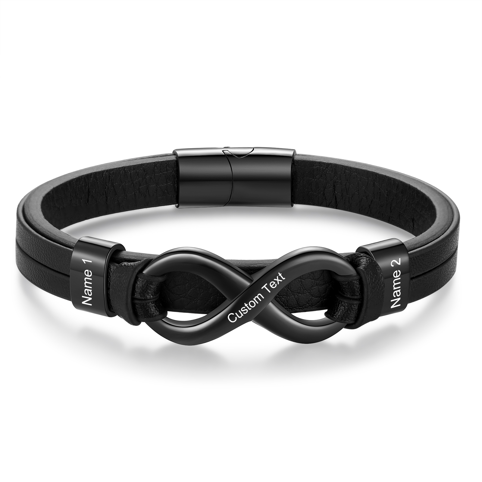 An meinen Sohn Infinity-Herrenarmband mit 2 Namensgravuren Schwarz Leder & Edelstahl