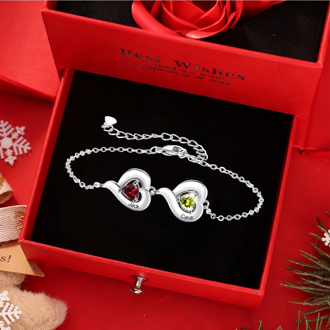 Personalisiertes, verstellbares Herz-Geburtsstein-Armband mit 1-5 Namen