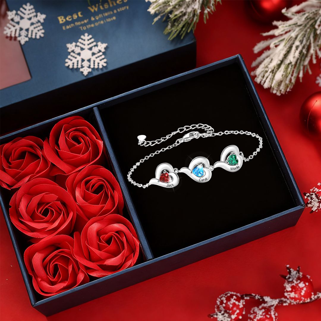 Personalisiertes, verstellbares Herz-Geburtsstein-Armband mit 1-5 Namen