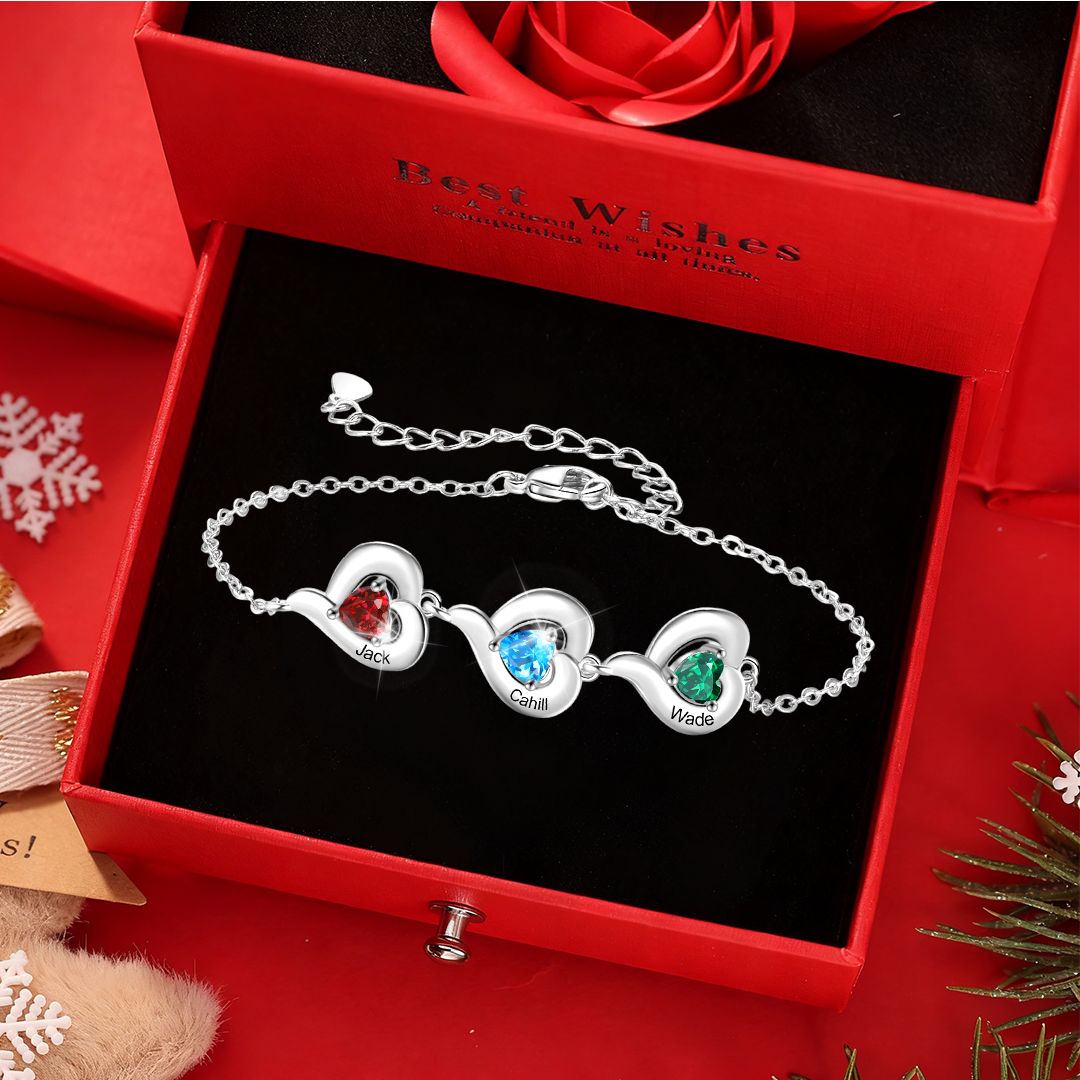 Personalisiertes, verstellbares Herz-Geburtsstein-Armband mit 1-5 Namen