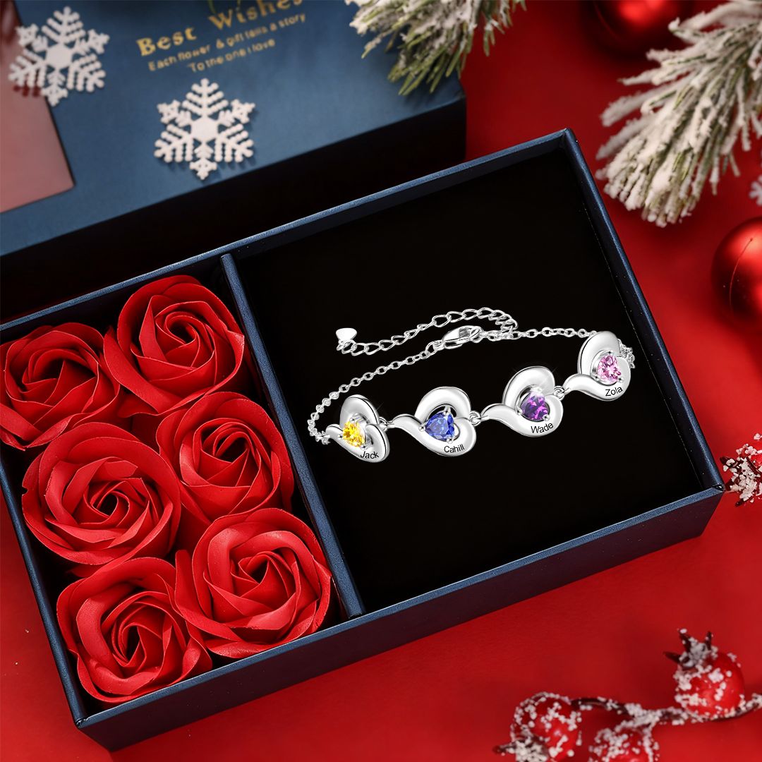Personalisiertes, verstellbares Herz-Geburtsstein-Armband mit 1-5 Namen