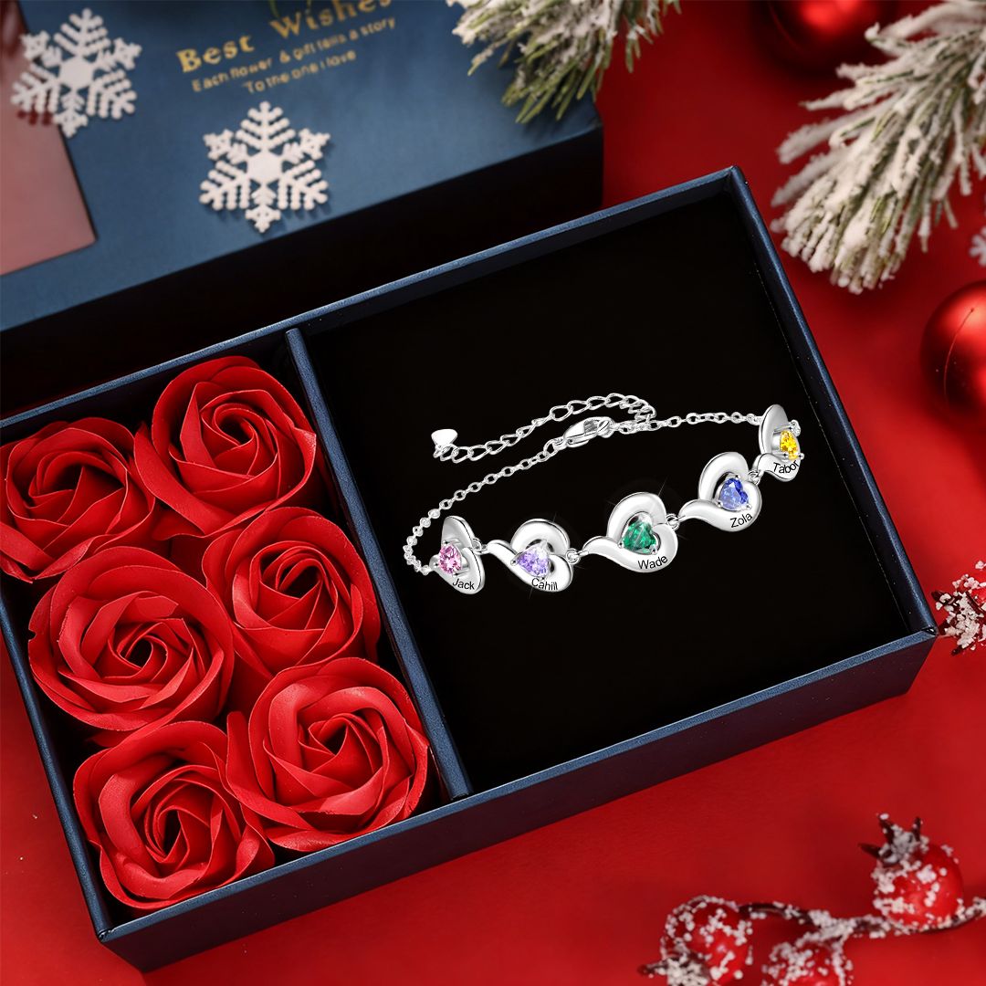 Personalisiertes, verstellbares Herz-Geburtsstein-Armband mit 1-5 Namen