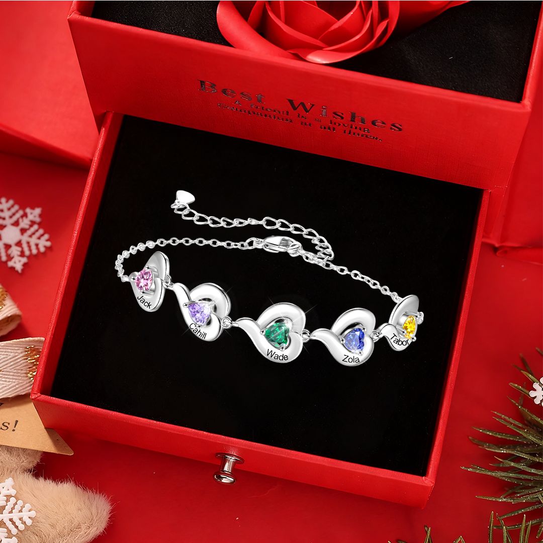 Personalisiertes, verstellbares Herz-Geburtsstein-Armband mit 1-5 Namen