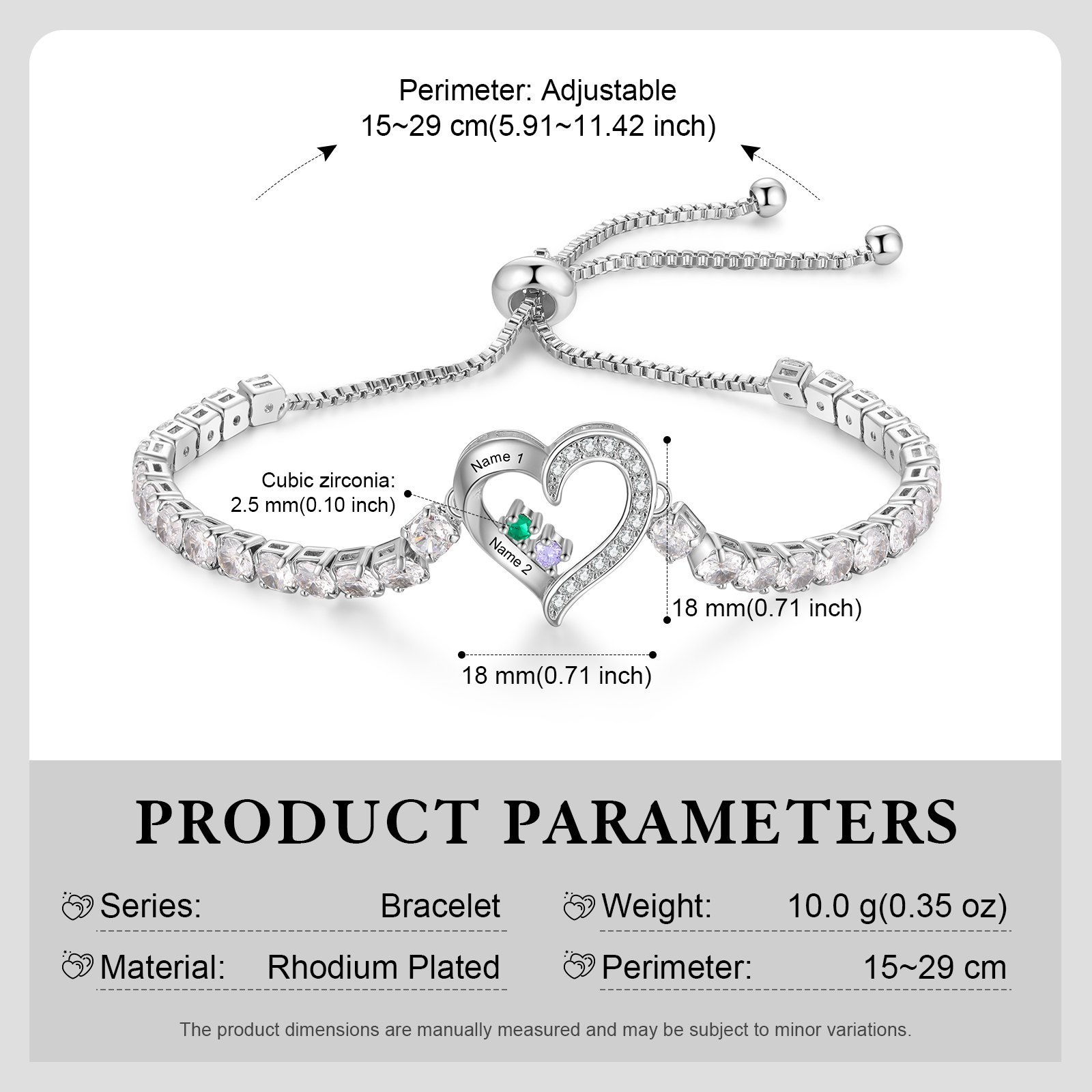 Personalisierbares Tennisarmband mit 2-4 Namen, Herz und Geburtssteinen