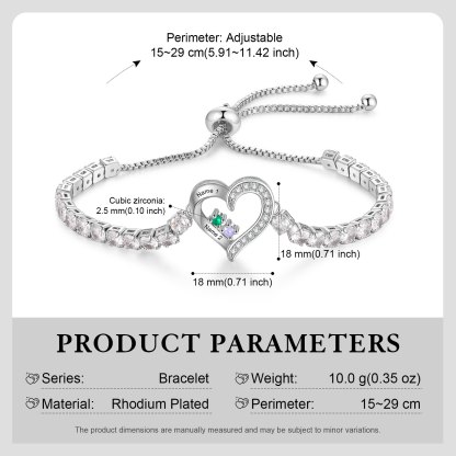 Personalisierbares Tennisarmband mit 2-4 Namen, Herz und Geburtssteinen