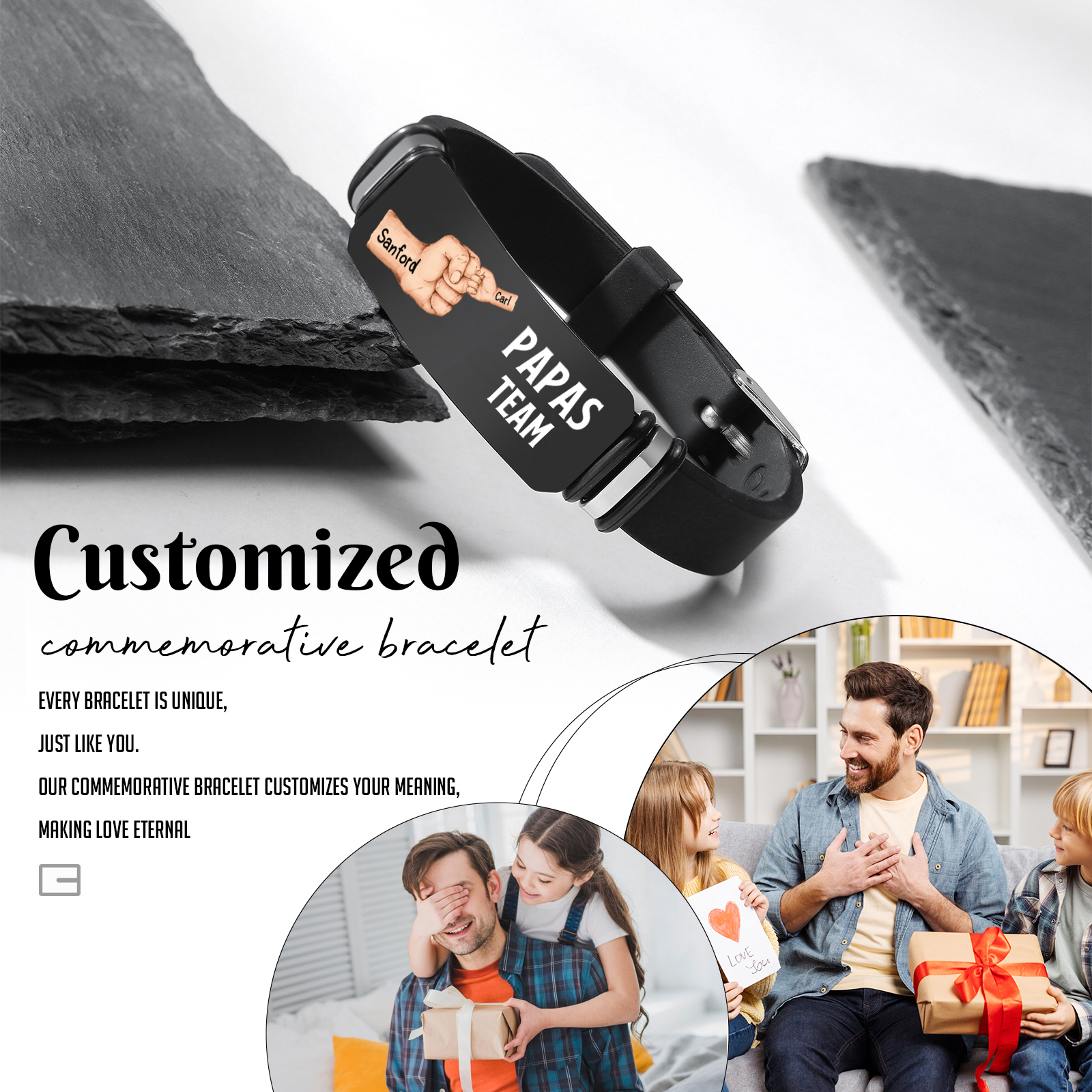 Herren Personalisierter 2 Name Leder Armband mit Faust für Papa-Papas Team