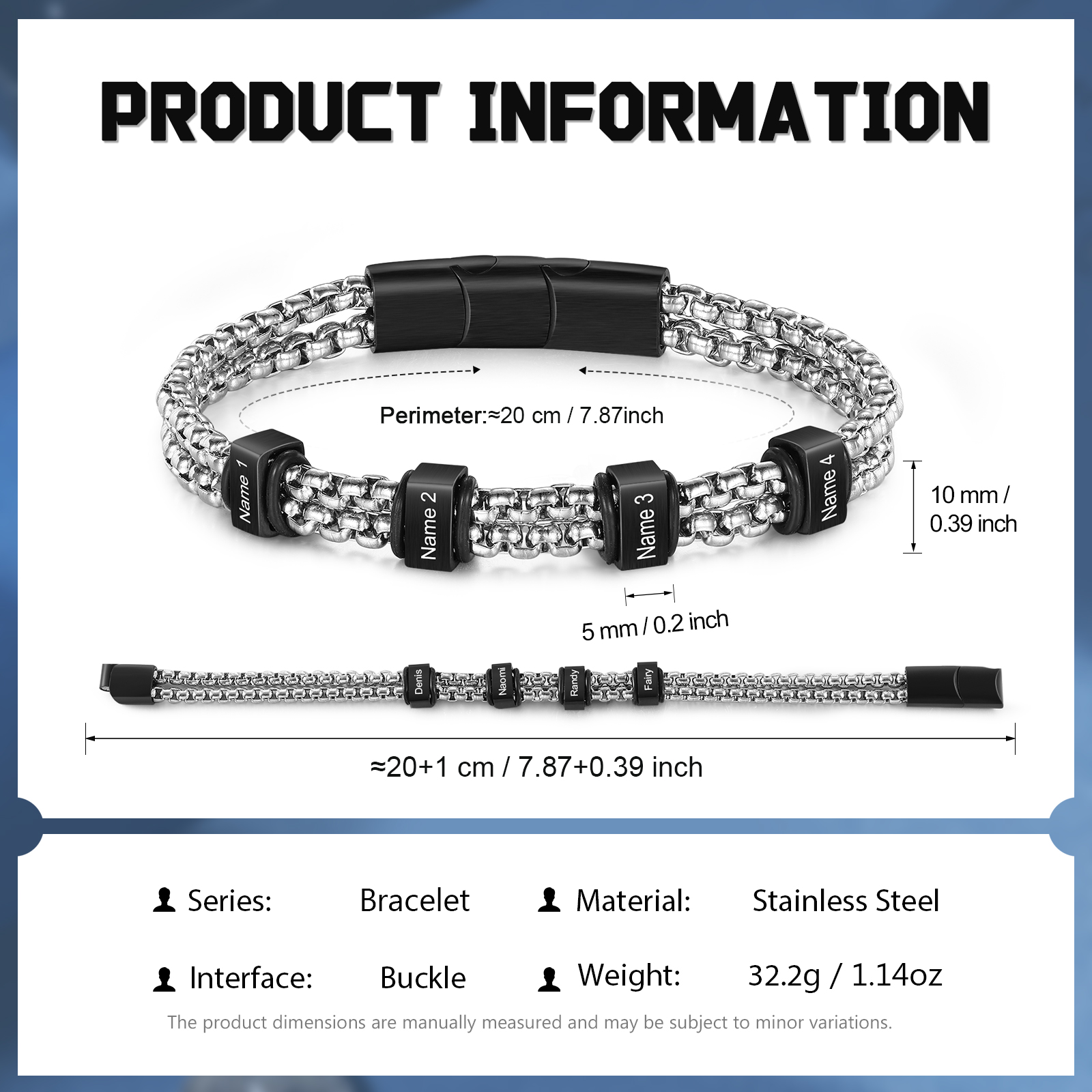Herren Personalisierte 4 Namen Edelstahl Armband für Männer
