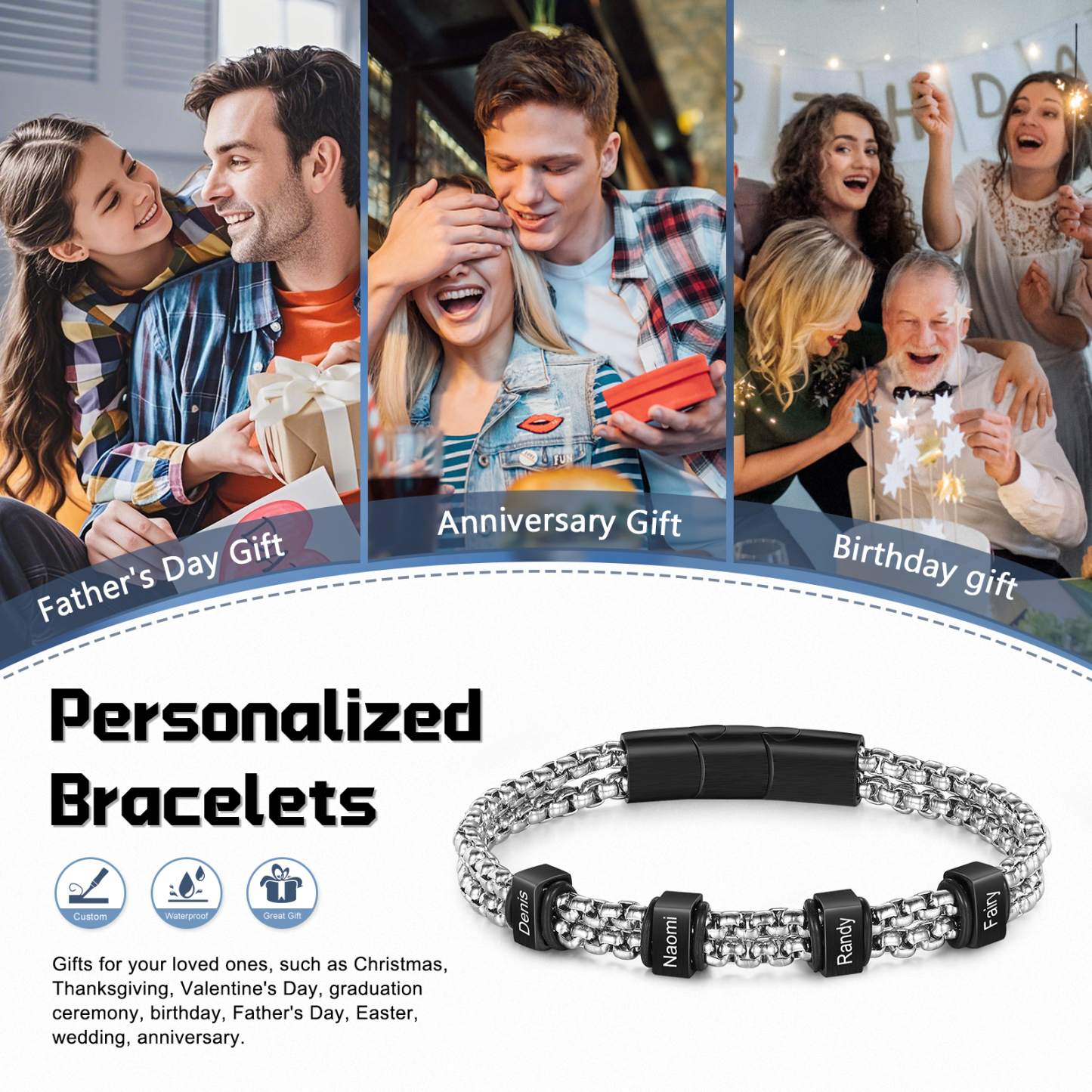 Herren Personalisierte 4 Namen Edelstahl Armband für Männer