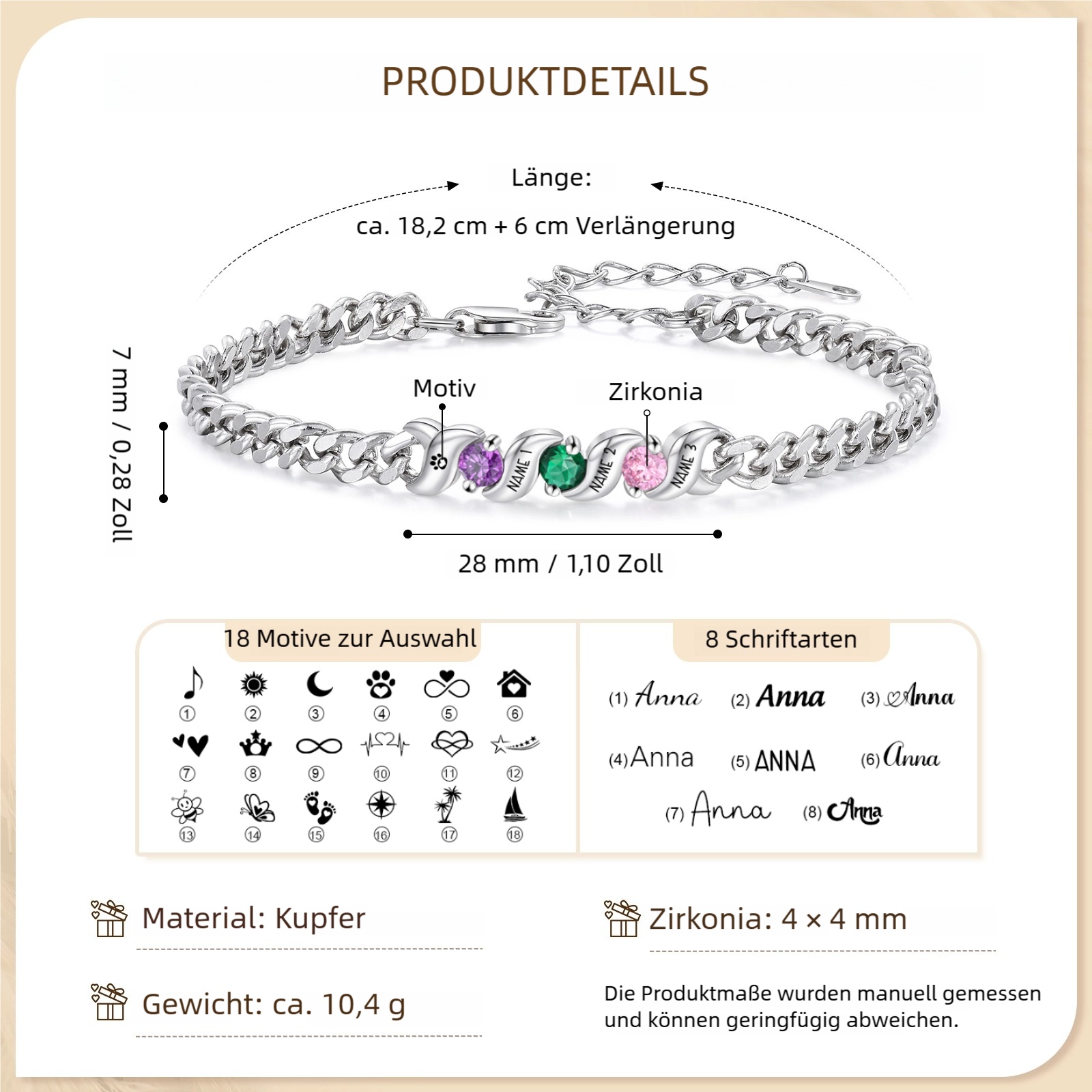 Personalisiertes Cuban Link Armband mit 1–5 Namen und Geburtssteinen