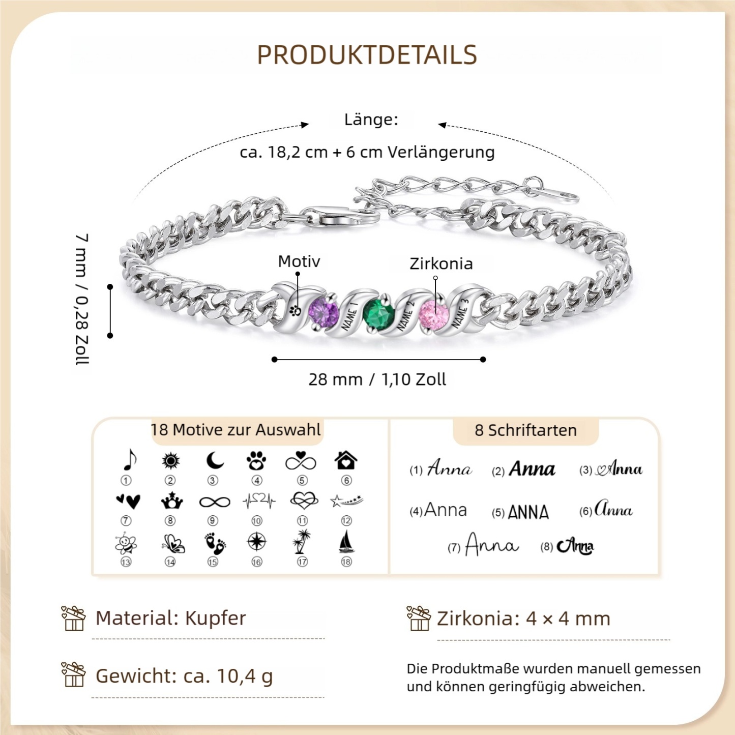 Personalisiertes Cuban Link Armband mit 1–5 Namen und Geburtssteinen