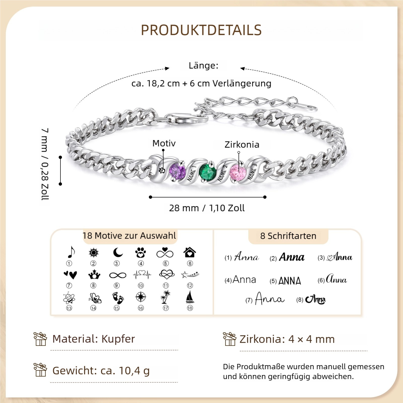 Personalisiertes Cuban Link Armband mit 1–5 Namen und Geburtssteinen