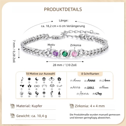 Personalisiertes Cuban Link Armband mit 1–5 Namen und Geburtssteinen