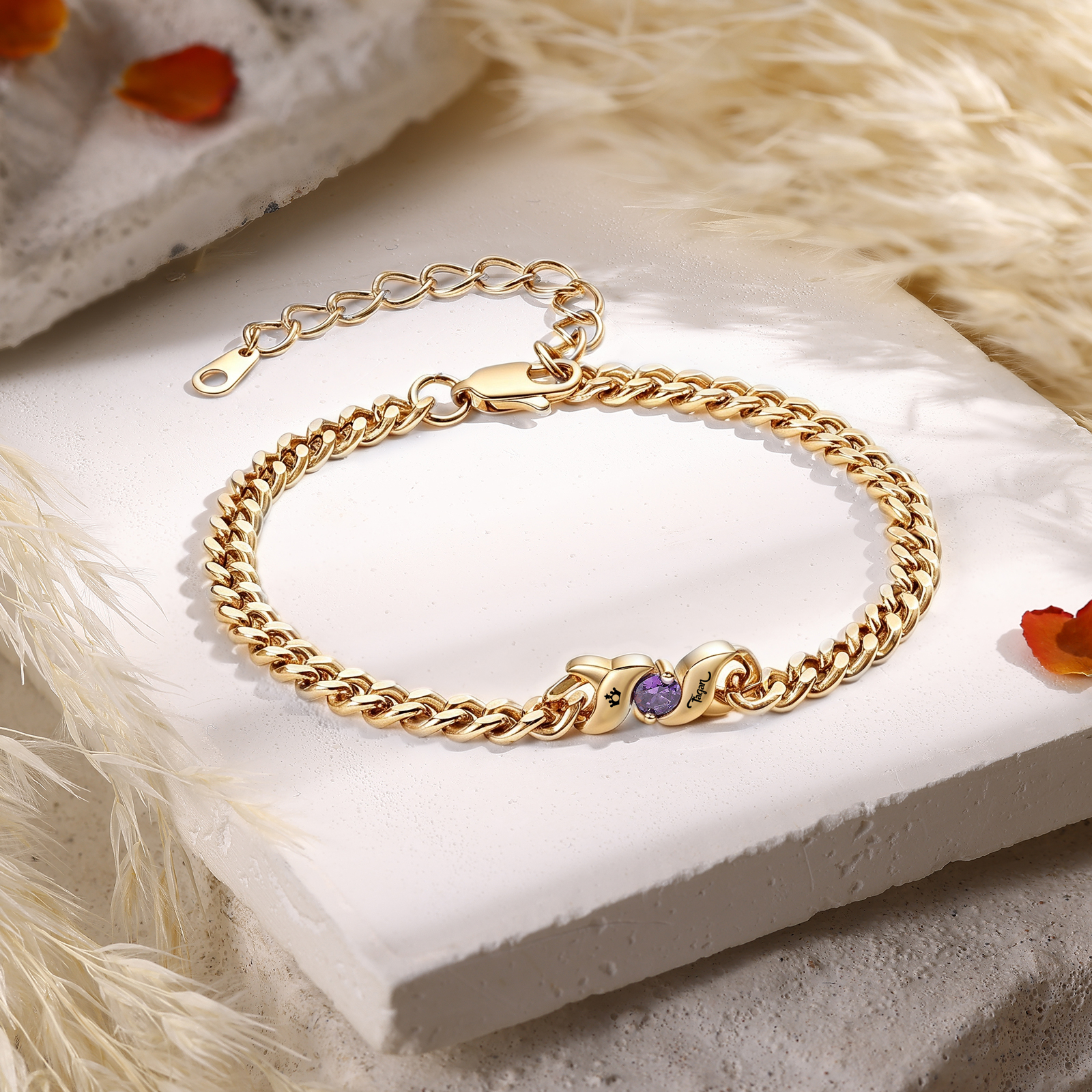 Personalisiertes Cuban Link Armband mit 1–5 Namen und Geburtssteinen
