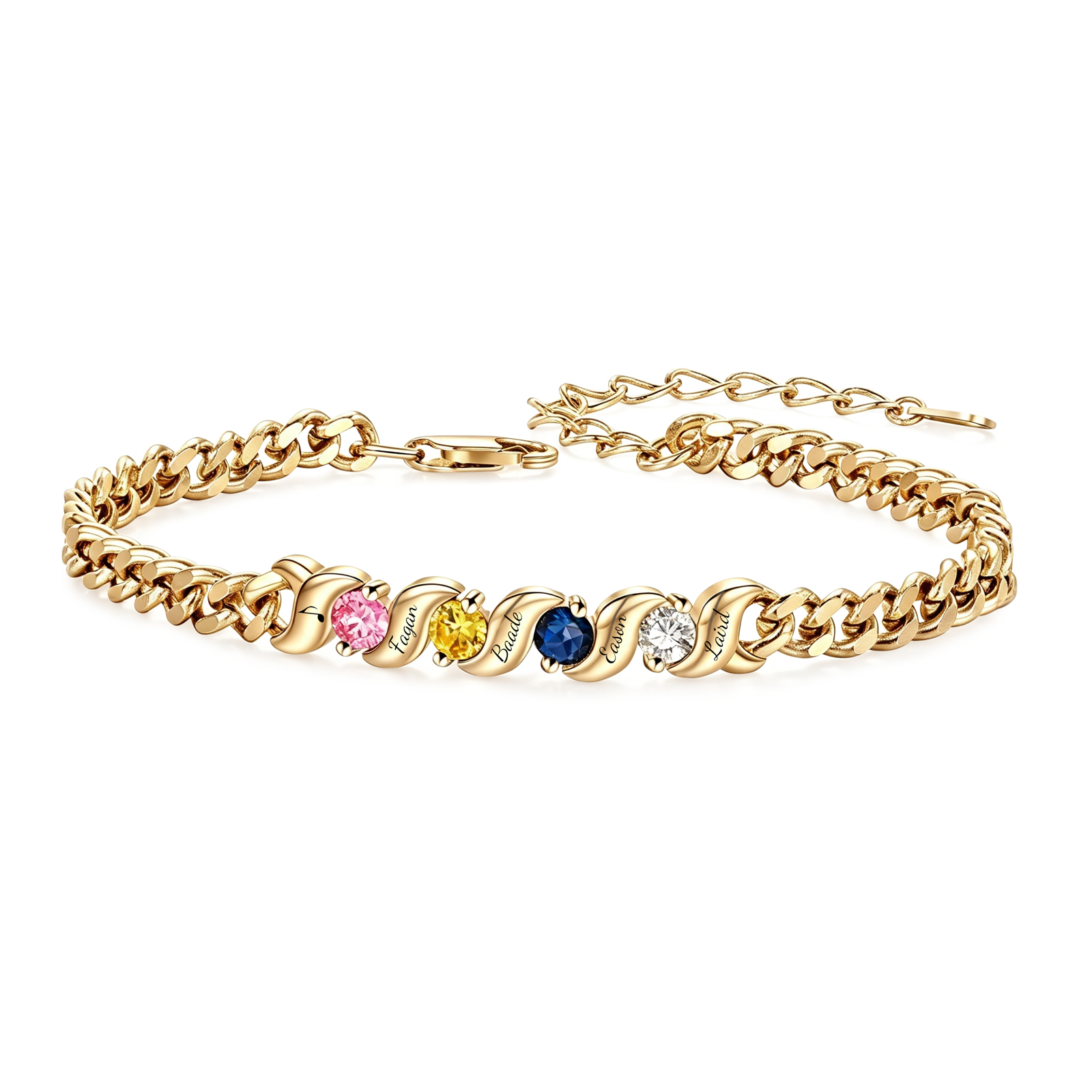 Personalisiertes Cuban Link Armband mit 1–5 Namen und Geburtssteinen