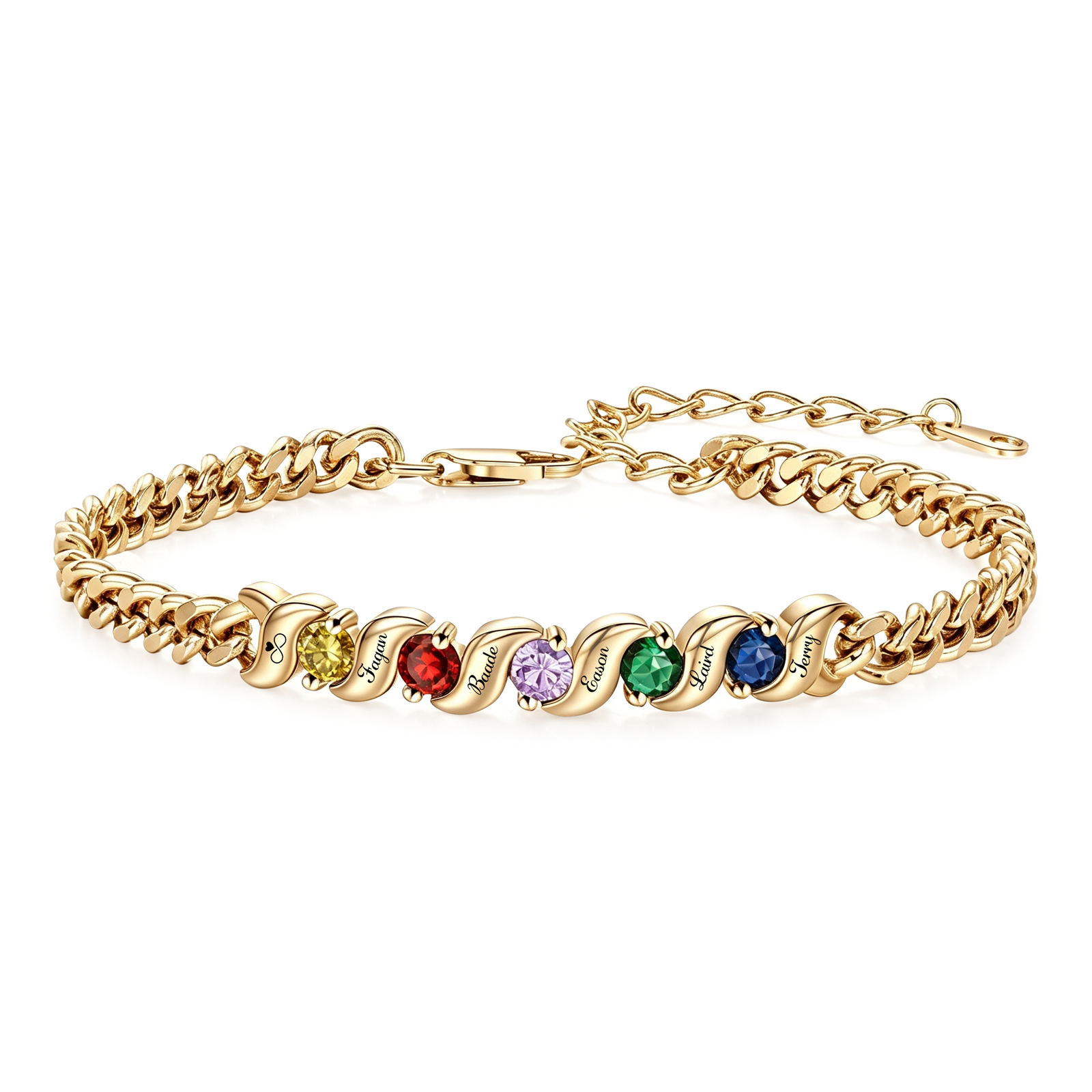 Personalisiertes Cuban Link Armband mit 1–5 Namen und Geburtssteinen