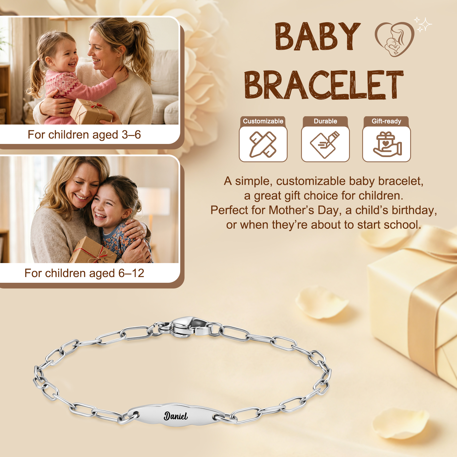 Personalisiertes Kinderarmband mit Namen Edelstahl-ID-Armband mit Mutmachkarte