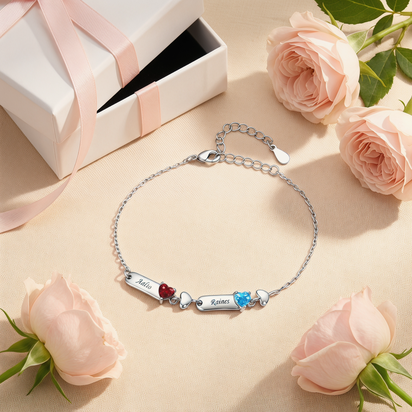 Personalisiertes Armband mit 1 bis 6 Namen und herzförmigen Geburtssteinen Geschenk für Mama oder Oma