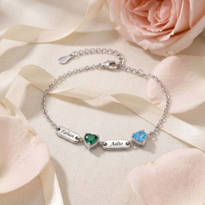 Personalisiertes Armband mit 1 bis 6 Namen und herzförmigen Geburtssteinen