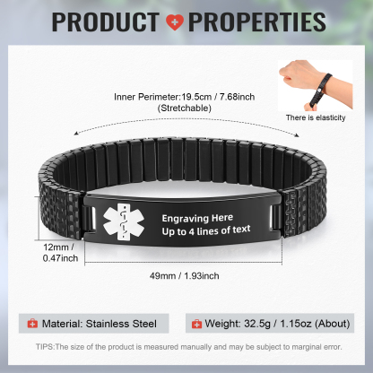 Herren Personalisierte 4 Texte Schwarz/ Golden Edelstahl Notfall-Medizin-Armband