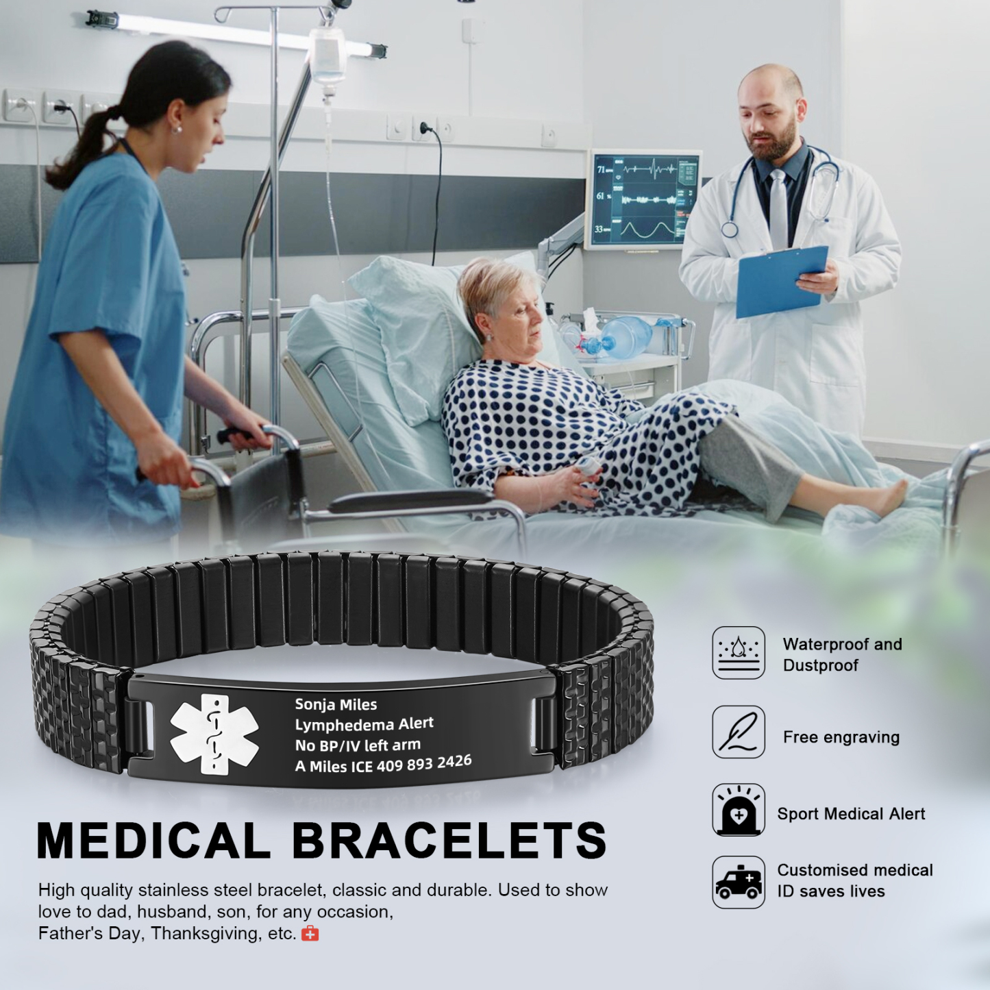 Herren Personalisierte 4 Texte Schwarz/ Golden Edelstahl Notfall-Medizin-Armband