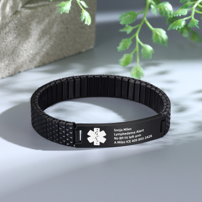 Herren Personalisierte 4 Texte Schwarz/ Golden Edelstahl Notfall-Medizin-Armband