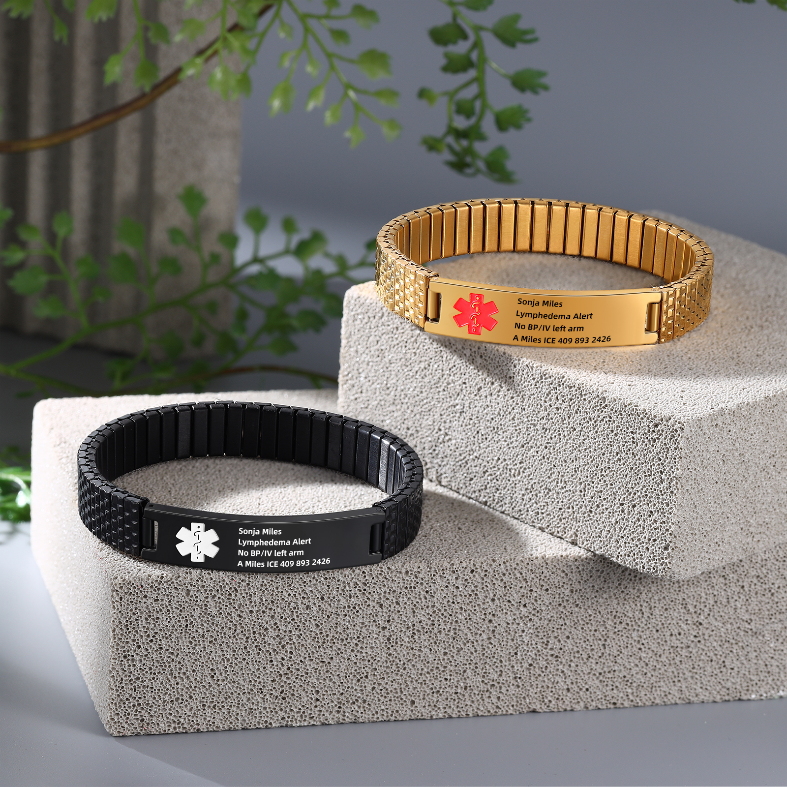Herren Personalisierte 4 Texte Schwarz/ Golden Edelstahl Notfall-Medizin-Armband
