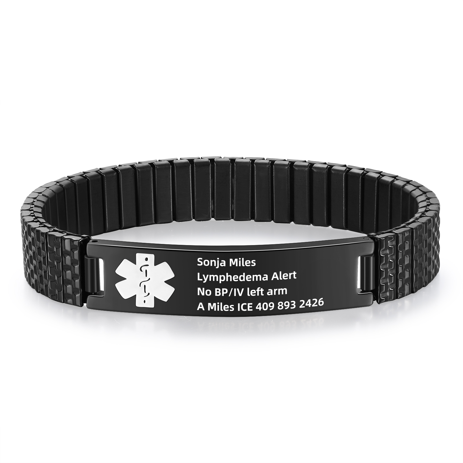Herren Personalisierte 4 Texte Schwarz/ Golden Edelstahl Notfall-Medizin-Armband