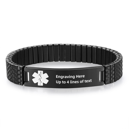 Herren Personalisierte 4 Texte Schwarz/ Golden Edelstahl Notfall-Medizin-Armband